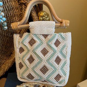 Anthropologie NWOT Beaded Tote Bag White Teal and Copper